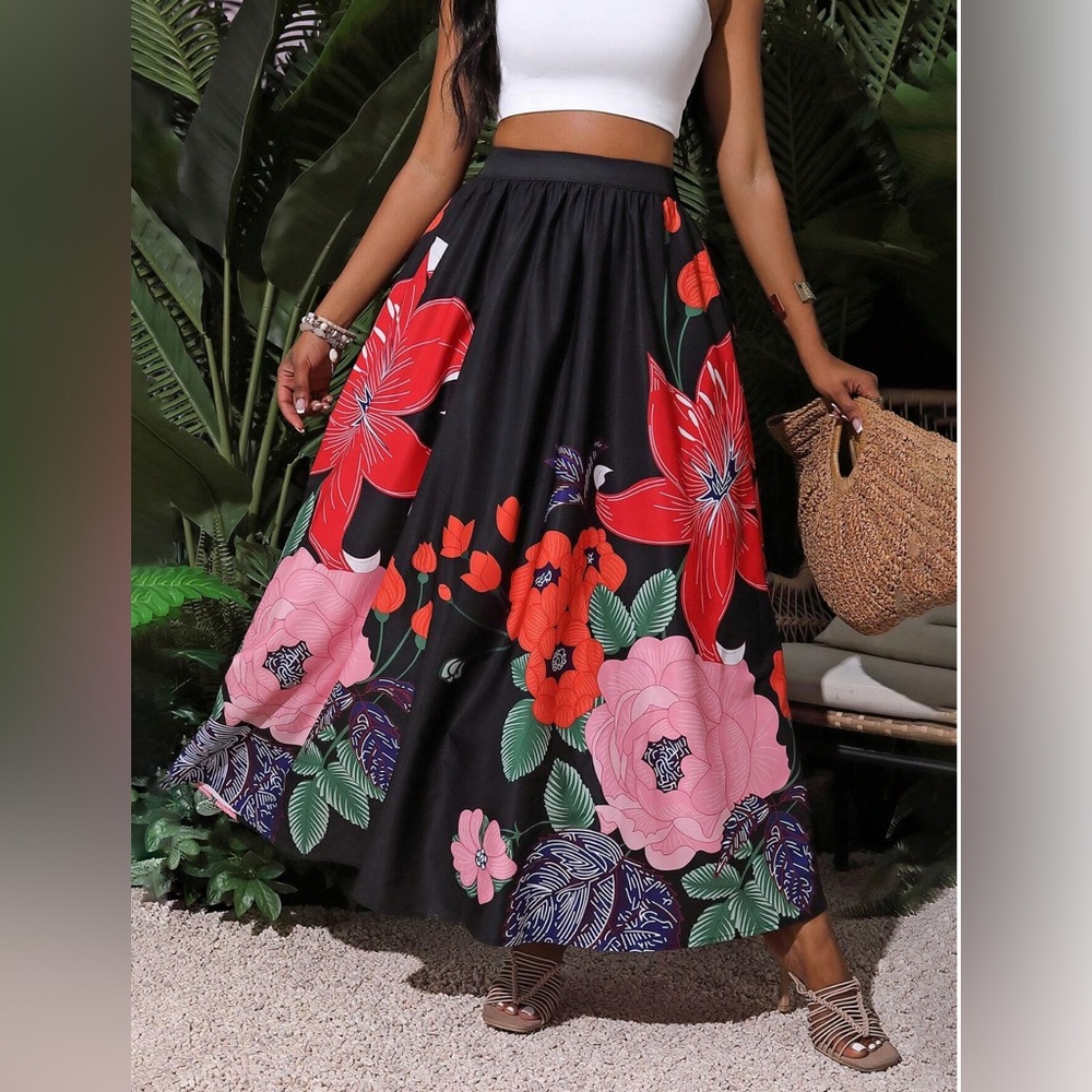 Boho Floral Print Women's Skirt Black - Picture 6 of 11